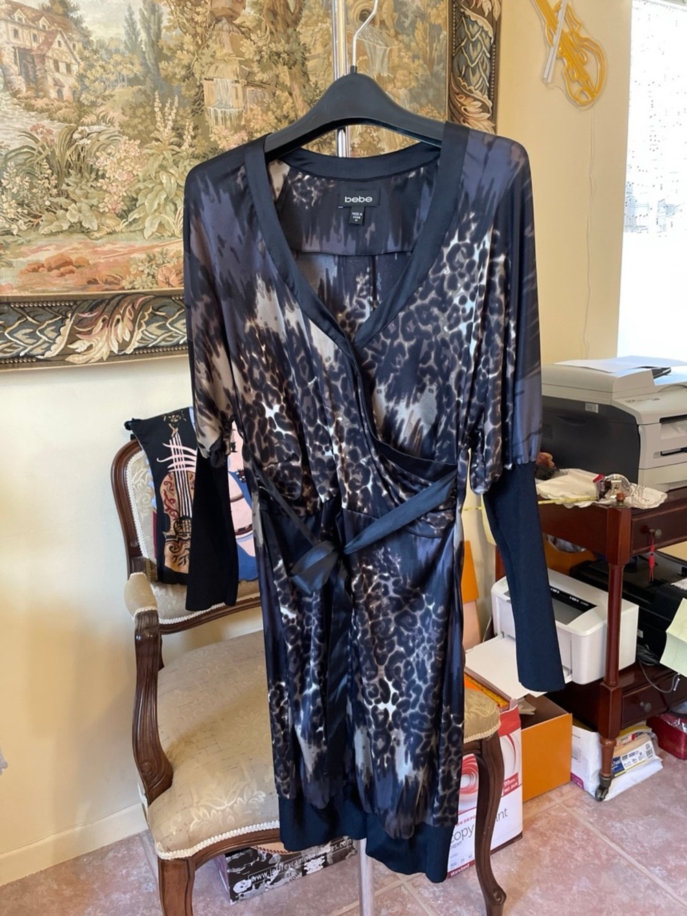 bebe Black, Navy Blue, and Gray Animal Print Wrap Midi Dress